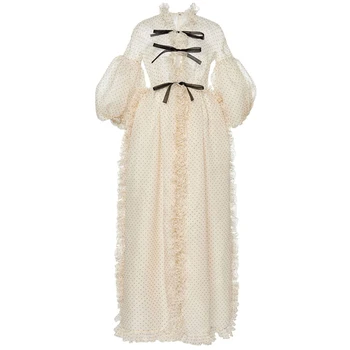 

HIGH QUALITY Newest Fashion 2020 Runway Dress Women's Ruffled Collar Lantern Sleeve Bow Ruffles Polka Dot Long Dress