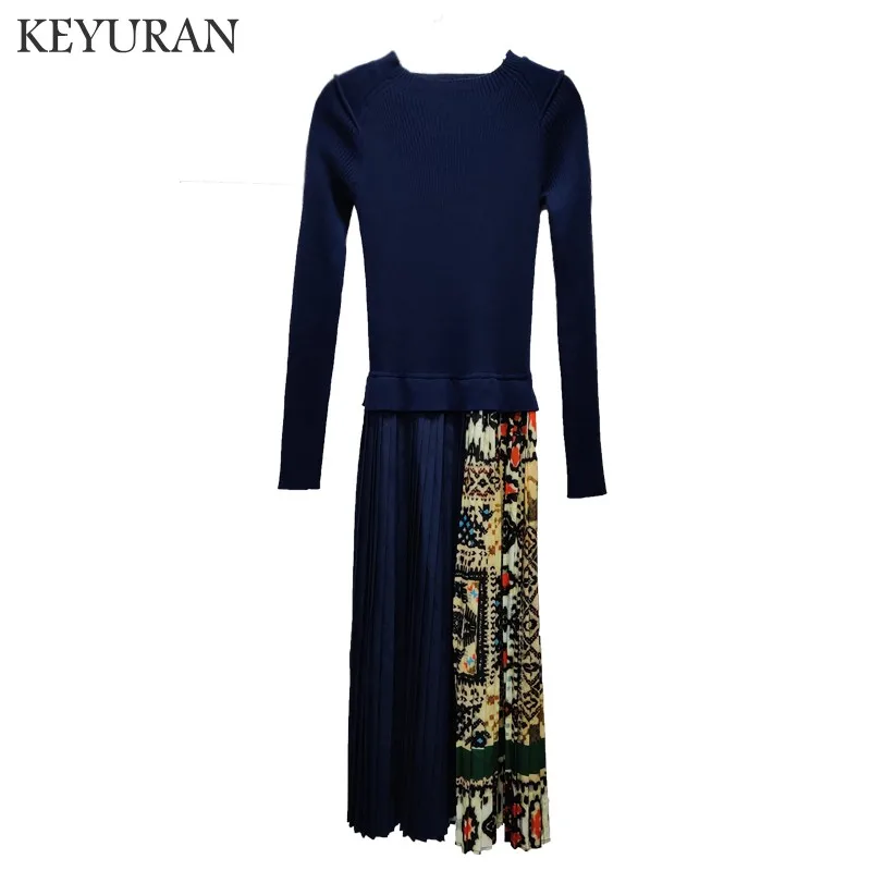 

Retro Women color block print patchwork knit sweater belt dress long sleeve mid-calf pleated elegant dresses new 2019 Autumn