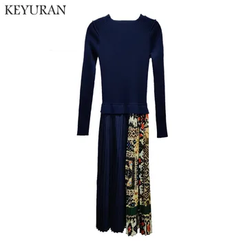 

Retro Women color block print patchwork knit sweater belt dress long sleeve mid-calf pleated elegant dresses new 2019 Autumn