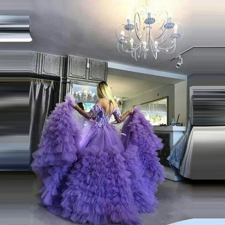 Vestidos de gala largos de noche светильник фиолетовые платья для выпускного бала многоуровневый наряд Tullue аппликации с открытыми плечами Длинные рукава платья