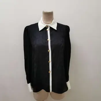 

Women Jacquard Shirt Color Patchwork Long Sleeve Turn-down Collar Single Breasted Slim Female Blouse