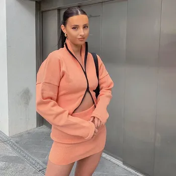 

Sexy Women Jacket +Slim Skirt Set Double Zipper Simple Solid Color Stand-up Collar Casual Long Sleeve Autumn Crop Top Mini Skirt
