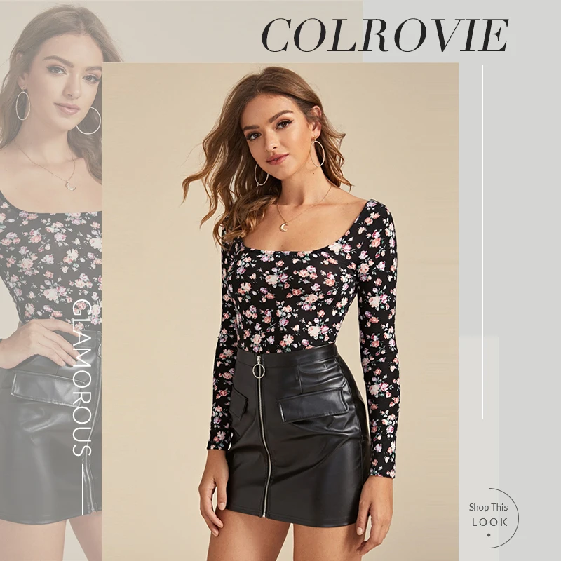 COLROVIE Женская Повседневная Приталенная футболка с цветочным принтом и круглым вырезом, весна, уличная одежда, элегантный пуловер, топы