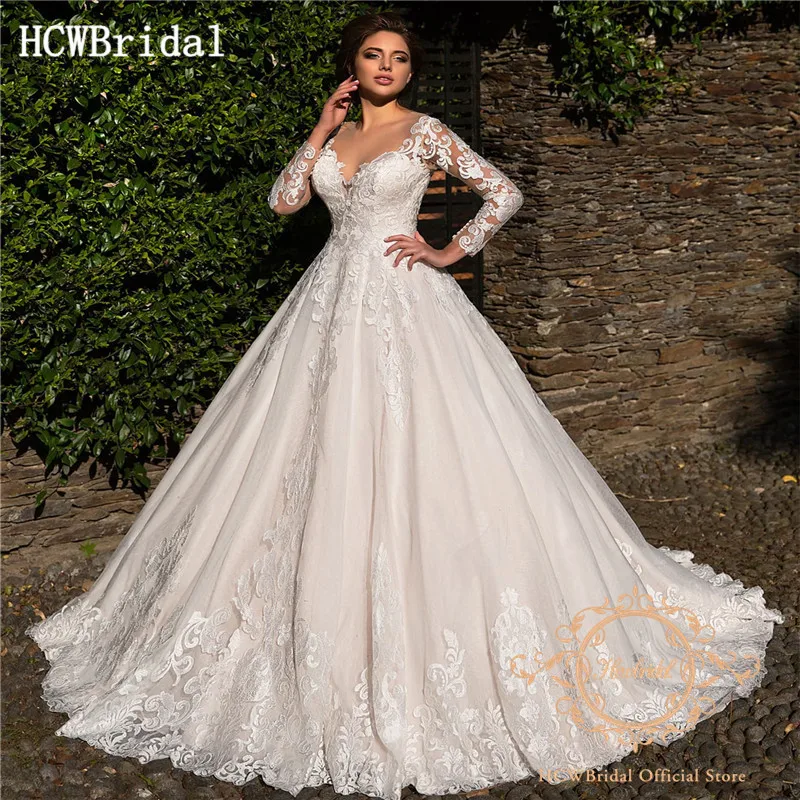 

Robe De Mariee Princess Gorgeous Lace Wedding Dresses Long Sleeves V Neck Sheer Back Charming Dubai Bride Dress Custom Made