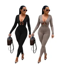 

RStylish 2021 Sexy Lace Up Hollowed Out Fashion Women's Solid Color Long Sleeve Deep V-neck One Piece Jumpsuit