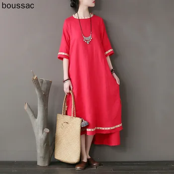 

Original national style women's dress stitching embroidery tear edge linen dress loose sleeve high - grade