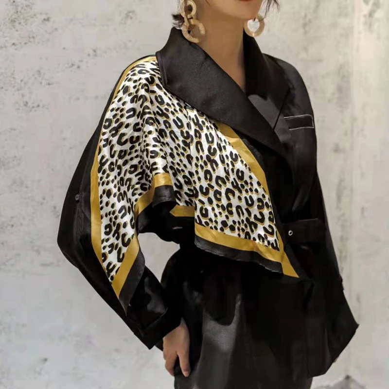 Куртка женская осенне-зимняя леопардовая Лоскутная цветная куртка с поясом Женская куртка пальто Новинка