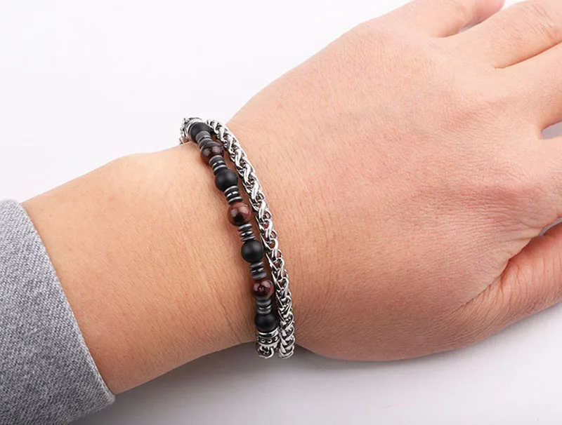 Dropship New Design Natural Stone Stainless Steel Chain Beaded Bracelet Men Jewelry Gift - Image 6