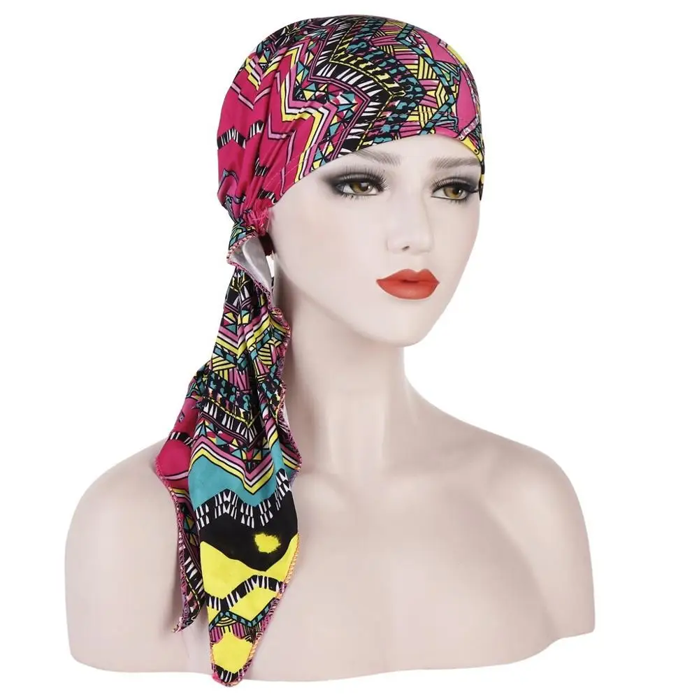 

Muslim Women Long Tail Headscarf Bonnet Cotton Print Hijab Caps Elastic Ladies Chemo Hat Turban Femme Musulman Headwraps Cap