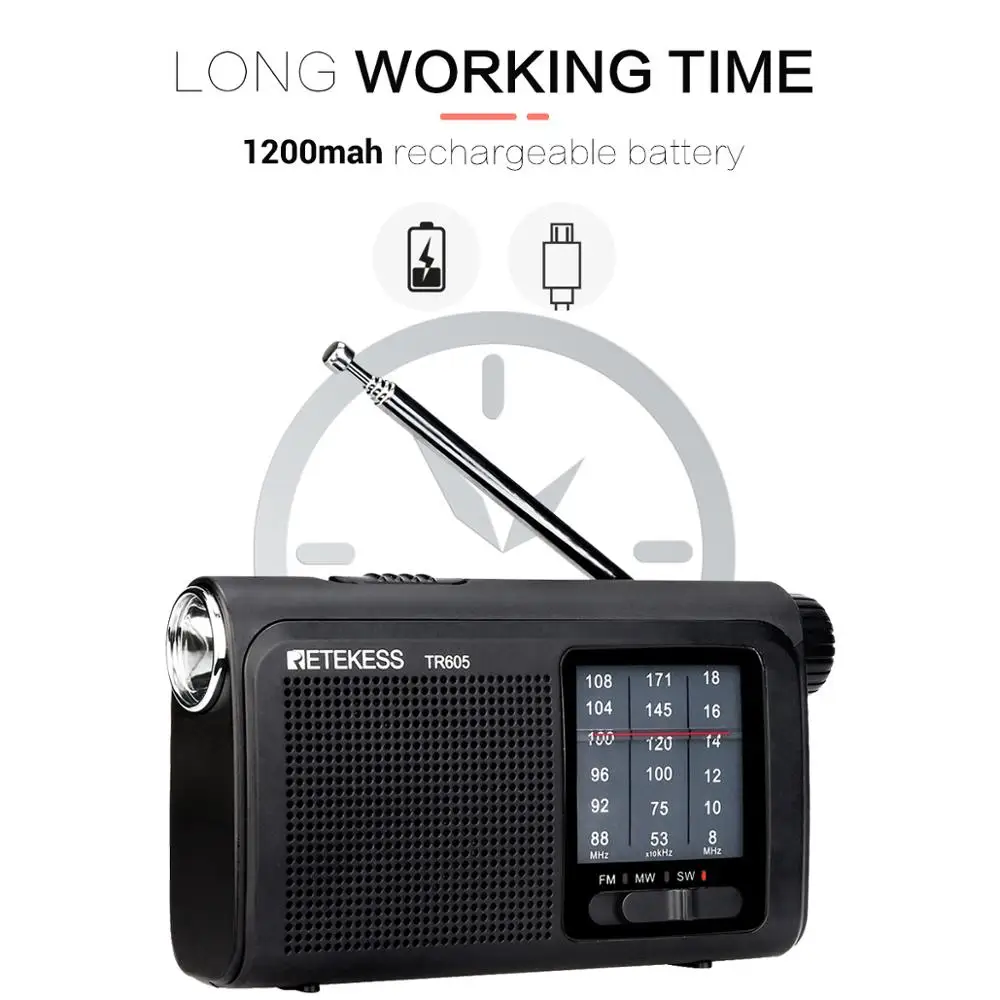 Rádio de Emergência Portátil para Pessoas Idosas com Antena de Rádio Retekess sw am Lanterna Portátil Tr605 fm - mw - Image 4
