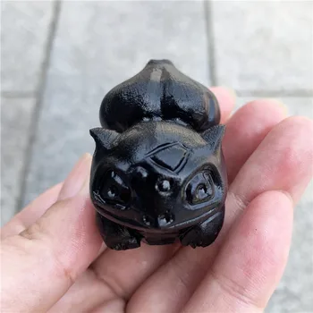 

Natural Crystal Black Obsidian Pokemon Healing Quartz Figurine Carved Craft bulbasaur Home Decoration for gift 1pc