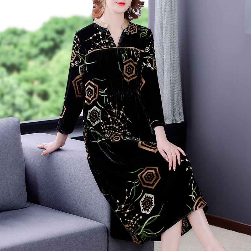 

Spring Autumn Black Print Velvet Elegant Dress 2024 Casual Office Lady Midi Dress Women Bodycon Korean Vintage Long Sleeve Robe