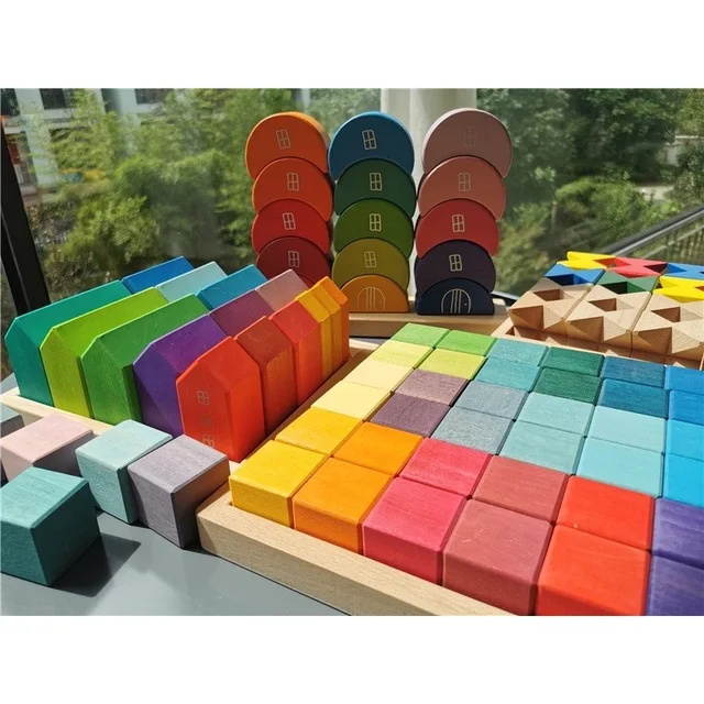 Babay Rainbow Wood Toy Montessori Building House Wooden Stacking Moon  Pastel Cubic Mosaic Butterfly Blocks Flower Brick 3