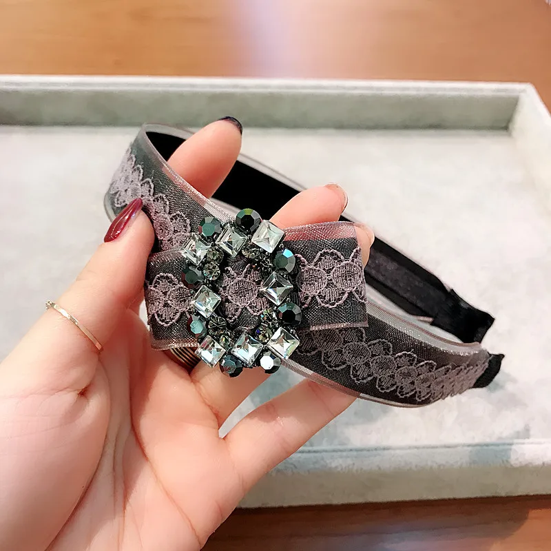 South Korea Top Grade Import Lace Organza Bow Czech Diamond Large Rims Hair Bands Headband Hair Accessories Head Withhold Headba