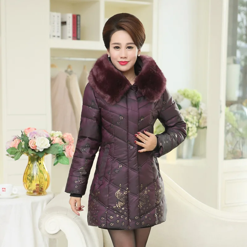 

Middle-aged WOMEN'S Apparels Winter Style Large Size Thick down Cotton fu da Fur Collar Mid-length Middle-aged Women Dress Slim