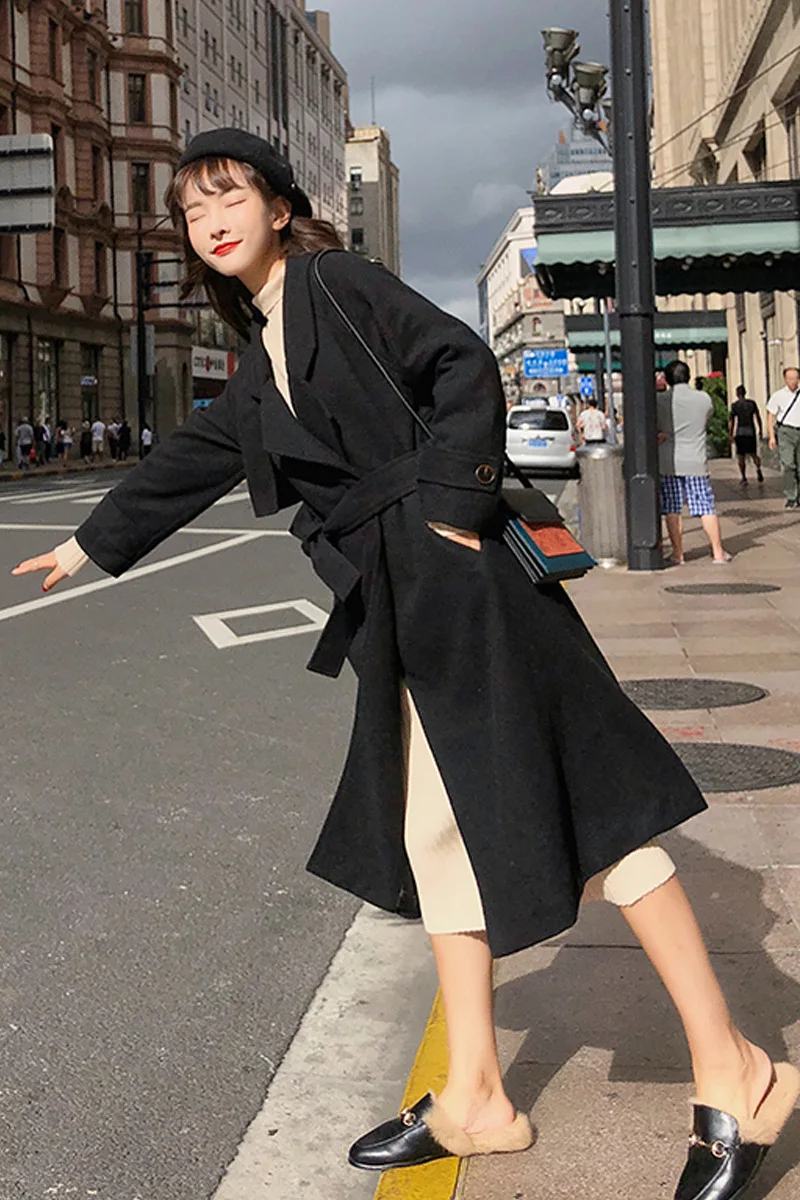 

Loose-Fit Mid-length Lace-up Slimming Hepburn Double-Sided Woolen Jacket Slimming Overcoat