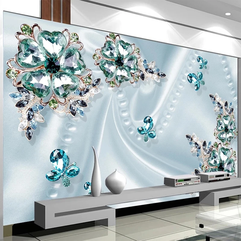 Papel de Parede com Mural Personalizado em Qualquer Tamanho Papel de Parede 3d Estéreo com Flores de Cristal Verde de Luxo Sala de Estar tv Sofá Quarto