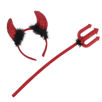 

Red Sequin Devil Set Headband Horns Trident Fork for Halloween