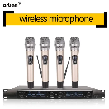 

Metallic 4-channel UHF wireless microphone system, 4 handheld microphones for stage church family gathering karaoke