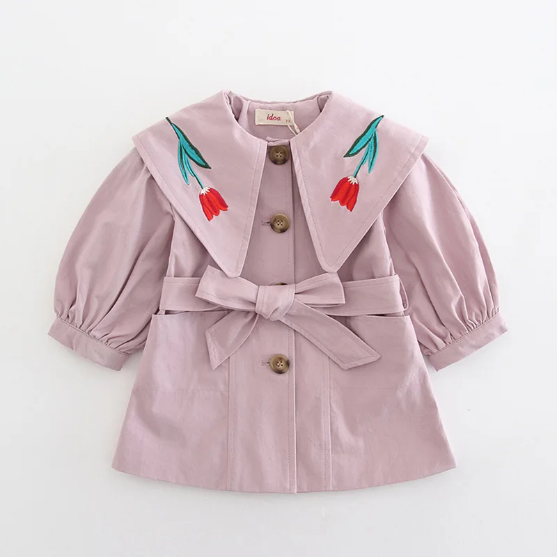 

Idea2019 Girls Autumn New Style Long Trench Coat Baby Embroidery Large Lapel Single-Breasted Tops 9005