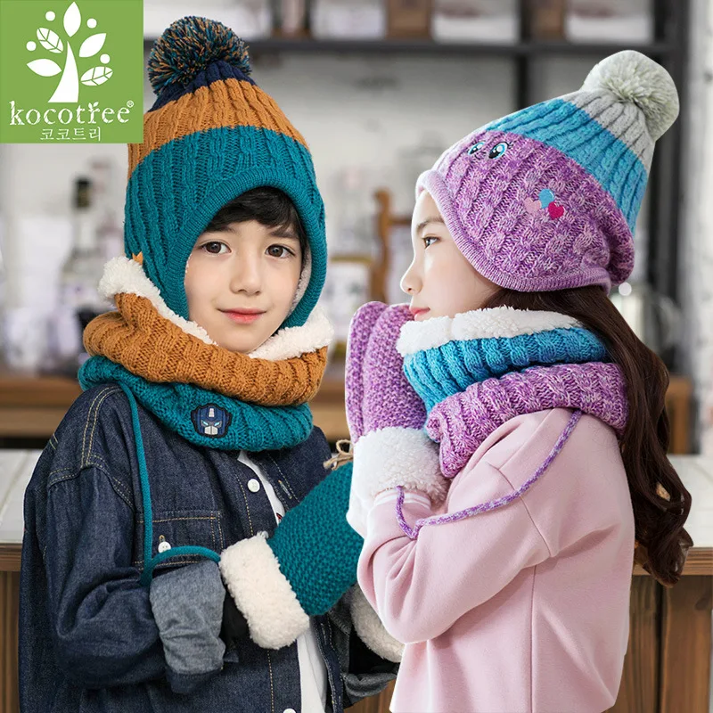 Kocotree/зимняя шапка для детей, теплая шапка, шарф и перчатки, комплект для детей 5-12 лет, шапка для мальчиков, шарф, Комплект Шапочки для девочек