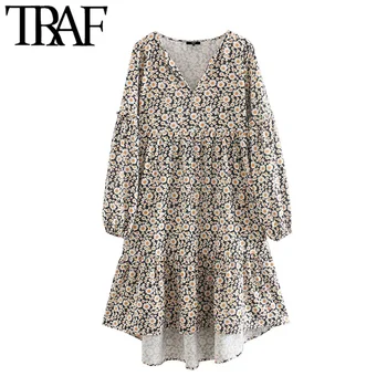 

TRAF Women Chic Fashion Floral Print Irregular Midi Dress Vintage V Neck Long Sleeve Female Dresses Vestidos Mujer