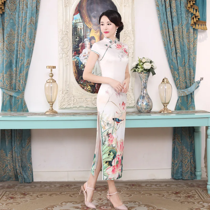 C0181 Chinese-style Nation Characteristics Double Layer Long Cheongsam High-definition Digital Printing Cheongsam Middle-aged Wo