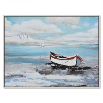 

A Small White Boat Was Sitting On The Sea Handpainted Oil Painting Wall Art Home Decor Picture Modern On Canvas Frameless