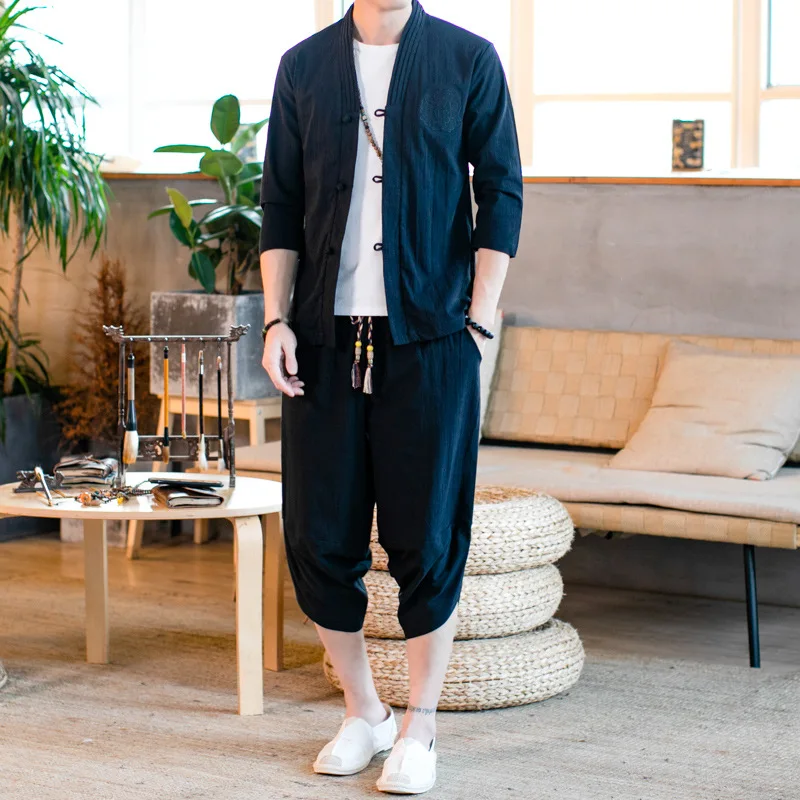 

2019 New Style Summer Flax Set Young Men's Loose And Plus-sized Embroidered Cotton Linen T-shirt Japanese-style Origional Chines