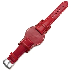 Handmade Genuine Leather Men's Watch Strap - Premium Watchband Bracelet - 22mm (Red silver buckle)