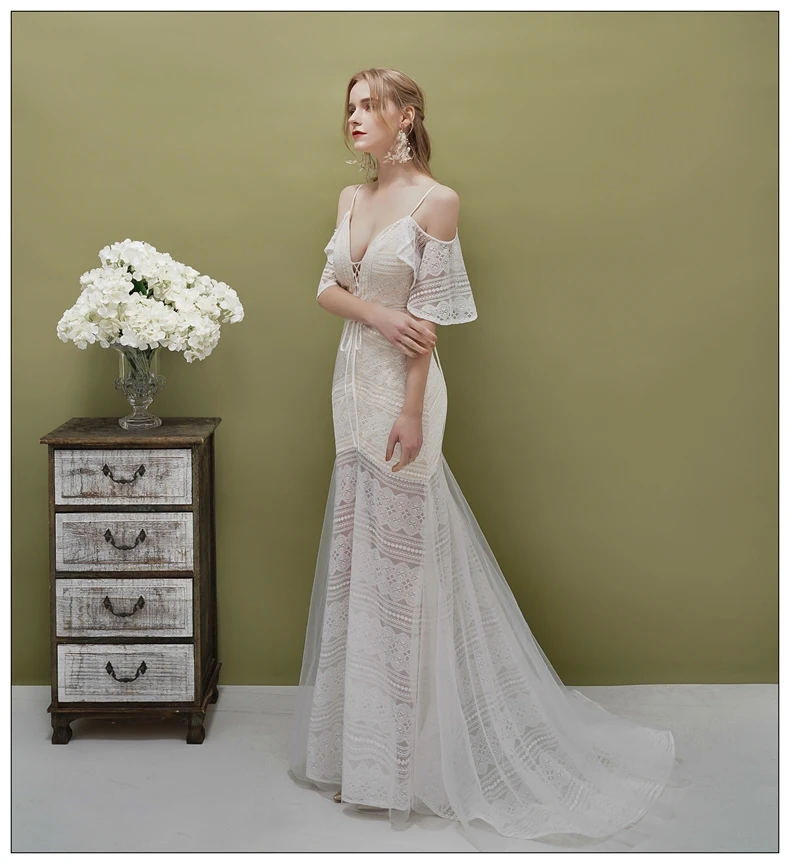 New Arrival Sexy White Evening Dresses Long Lace Mermaid Short Sleeve Formal Occasion Party Women Bridal Prom Dresses