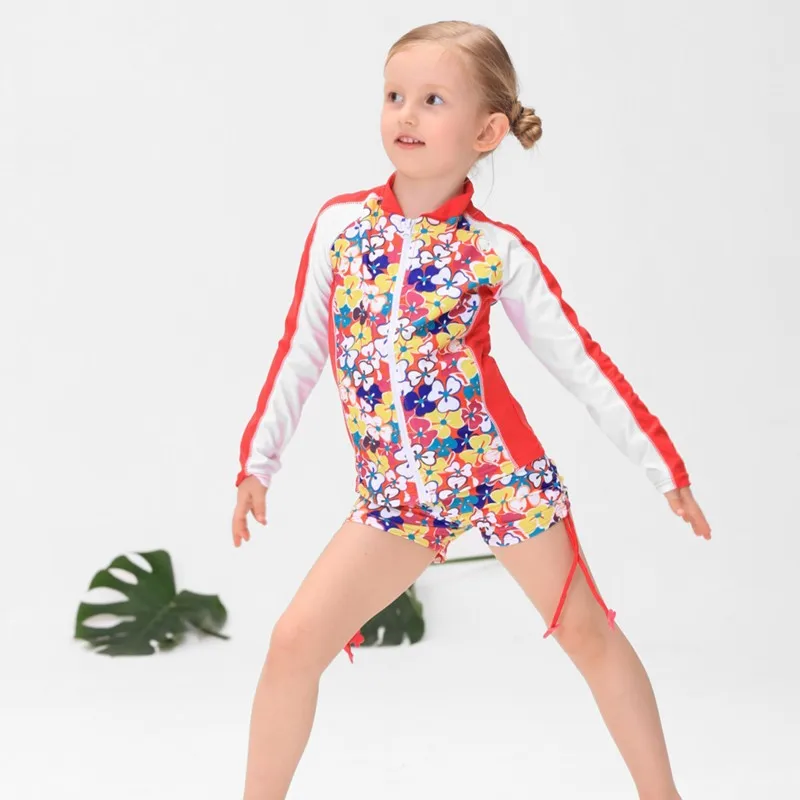 UPF50+ одежда для купания для девочек; Детский комплект из двух предметов; детский солнцезащитный костюм с цветочным принтом и длинными рукавами; купальные костюмы для маленьких девочек; пляжная одежда