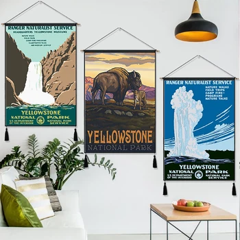 

Yellowstone National Park Falls Vintage Hanging Cloth Cotton Line Painting Poster Home Decor Wall Hanging Tapestry Gift