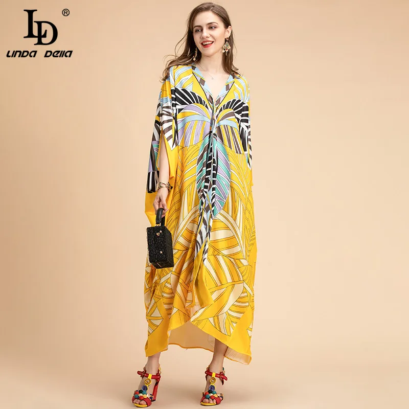 Ld Linda Della Fashion Designer Robe Dress Women V Neck Batwing Sleeve