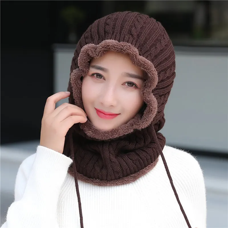 New Unisex Winter Knitted Hat Neck Protection Beanie Cap Add Fur Lined Warm Hats For Men Women Balaclava Cap Windproof warm hat 