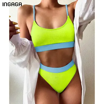 

INGAGA High Waist Bikinis Swimsuits Push Up Swimwear Women Strap Bathing Suit Women Patchwork Biquini 2020 Beachwear Bikini Set