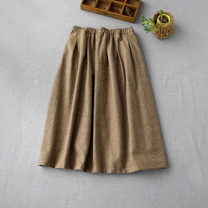 Spring Autumn Women Casual Loose Plus Size Japanese Style Comfortable Elastic Waist All-match Houndstooth Woolen Skirts 2 Colors