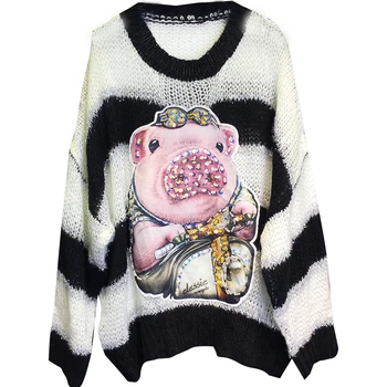 

Thailand Tide brand 2019 autumn and winter new cartoon sequins sweater patch stitching stretch loose knit sweater