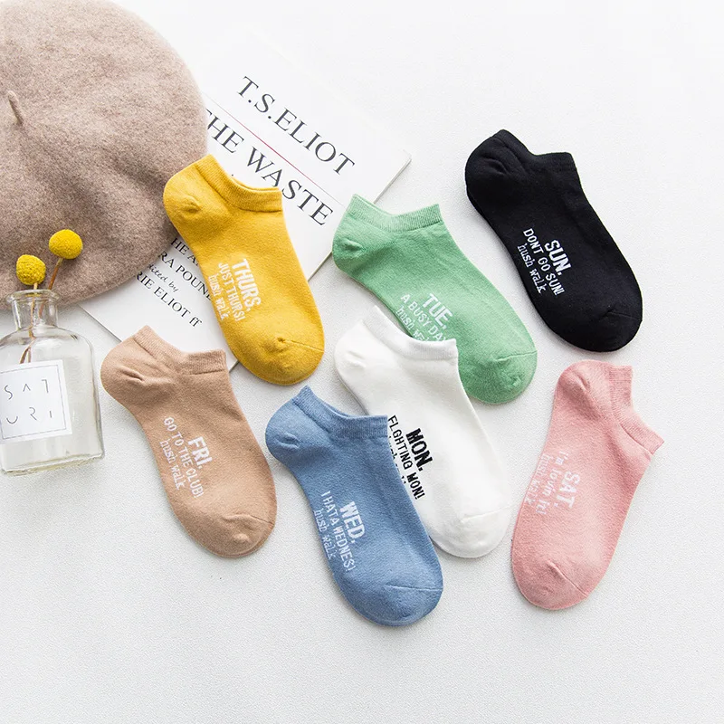 

7Pairs/Lot Weekly Socks Women Invisible with Cute Letters Kawail Korean Style Low Cute No Show Socks