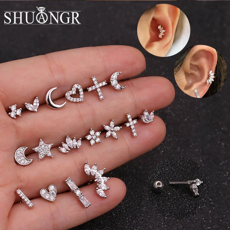 

SHUANGR Gold Silver Color CZ Cartilage Stud Moon Star Heart Cross Flower Crown Helix Piercing Tragus Stud Conch Earring Piercing
