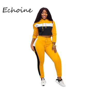 

Casual Hoodies Sweatshirt Top + Pants Suit Color Patchwork 2 Piece Set Women Tracksuit Fashion Sportwear Winter Autumn Clothes