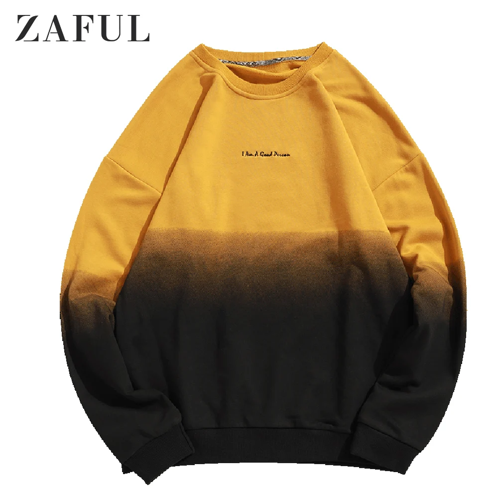 ZAFUL Gradient Color Graphic Sweatshirt Letter Embroidered Ombre Color Sweatshirt Round Neck Long Sleeve Drop Shoulder Hoodie