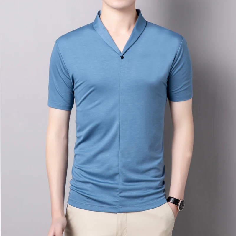 

Summer Casual Shirts For Mens Shawl Collar Work Blue Blouse With Short Sleeves Pink Mens Clothes 2020 V-neck Shirts Large Sizes