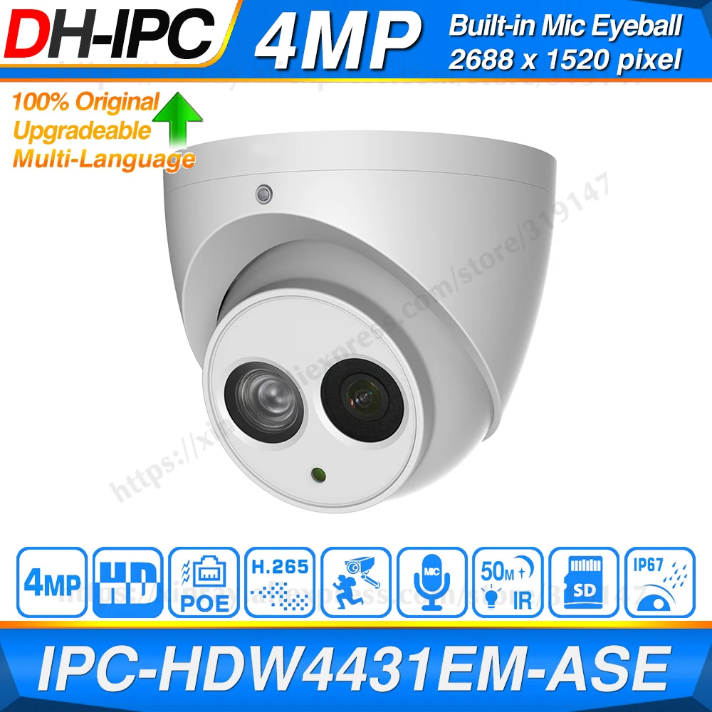 Dahua Original IPC-HDW4431EM-ASE 4MP HD POE Built in MiC SD Card Slot H.265 IP67 50M IR IVS Upgradeable Dome IP Camera