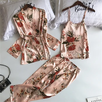 

9Color Women Pajamas Sets with Pants 3Pcs Satin Silk Print Floral Pink Night Home Wear Pyjama Sleep Women's Clothing