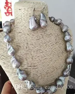 

Fine Pearls Jewelry huge set of 20-25mm south sea silver grey pearl necklace &earring