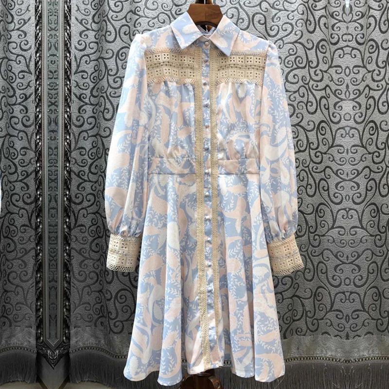 Spring New Fashion Lace Floral Print Woman Mini Dress Long Sleeve Hollow Out Slim Waist Shirt Dress Elegant Vestidos