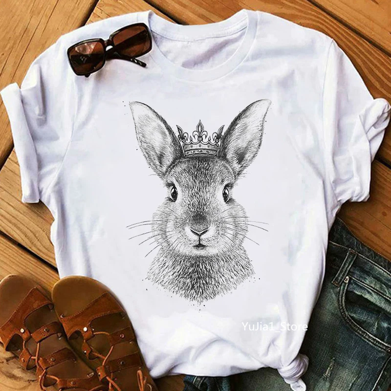 

Sketch Bunny With Pink Flowers Print T-Shirt Women Clothes 2021 Cute Butterfly Tshirt Femme Summer Tops Fashion T Shirt Female