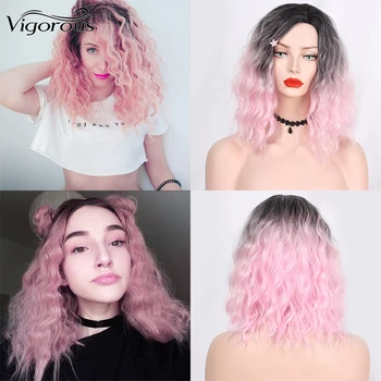 

Vigorous Ombre Pink Water Wave Wig Synthetic Wig for White/Black Womem Middle part Heat Resistant Fiber Cosplay Wig