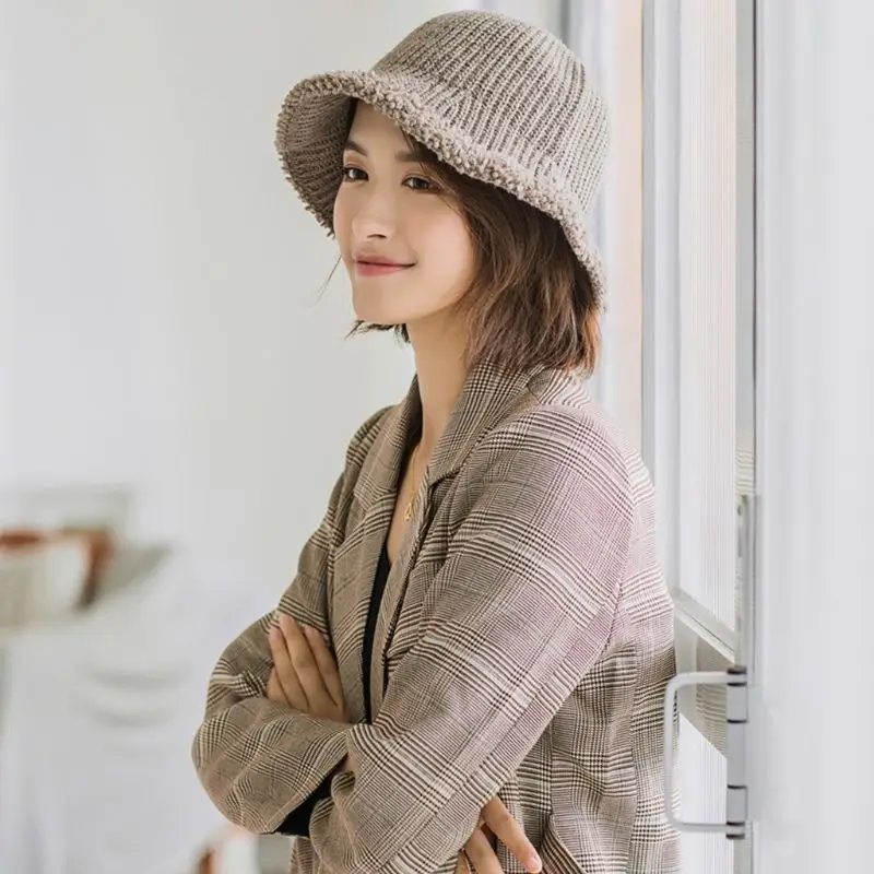 Women Ladies Autumn Winter Soft Knitting Wool Bucket Hat Fashion Solid Color Folding Round Top Fishermen Cap 40JF
